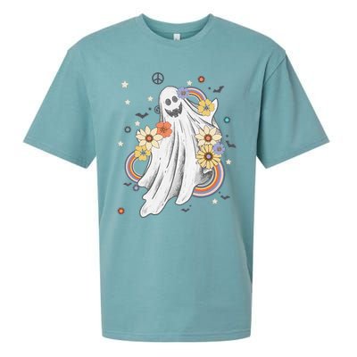 Groovy Vintage Floral Ghost Hippie Spooky Halloween Sueded Cloud Jersey T-Shirt