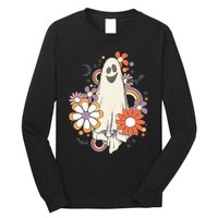 Groovy Vintage Floral Ghost Cute Halloween Spooky Season Long Sleeve Shirt