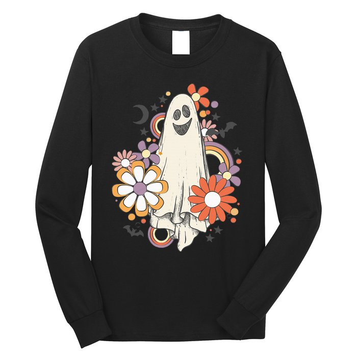 Groovy Vintage Floral Ghost Cute Halloween Spooky Season Long Sleeve Shirt