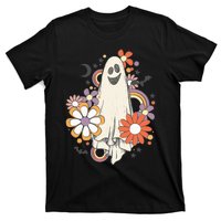 Groovy Vintage Floral Ghost Cute Halloween Spooky Season T-Shirt