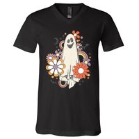 Groovy Vintage Floral Ghost Cute Halloween Spooky Season V-Neck T-Shirt