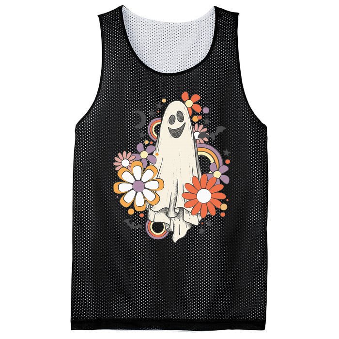 Groovy Vintage Floral Ghost Cute Halloween Spooky Season Mesh Reversible Basketball Jersey Tank