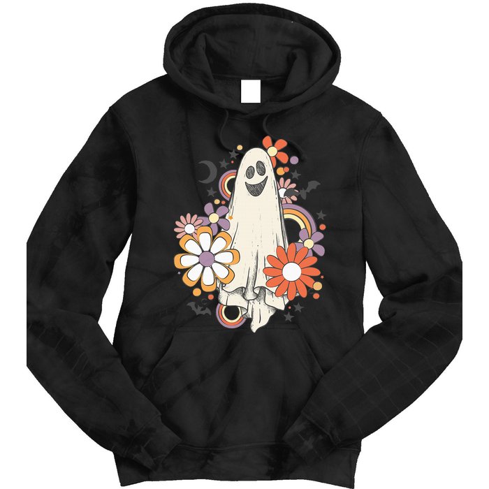 Groovy Vintage Floral Ghost Cute Halloween Spooky Season Tie Dye Hoodie