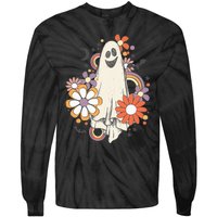 Groovy Vintage Floral Ghost Cute Halloween Spooky Season Tie-Dye Long Sleeve Shirt