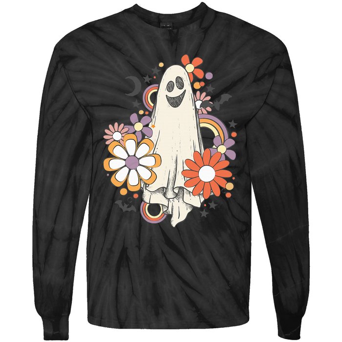 Groovy Vintage Floral Ghost Cute Halloween Spooky Season Tie-Dye Long Sleeve Shirt