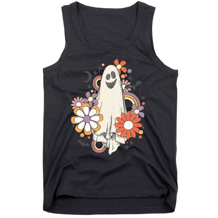 Groovy Vintage Floral Ghost Cute Halloween Spooky Season Tank Top