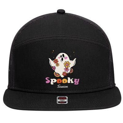 Groovy Vintage Floral Ghost Spooky Season Halloween Love 7 Panel Mesh Trucker Snapback Hat