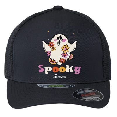 Groovy Vintage Floral Ghost Spooky Season Halloween Love Flexfit Unipanel Trucker Cap