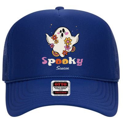 Groovy Vintage Floral Ghost Spooky Season Halloween Love High Crown Mesh Back Trucker Hat