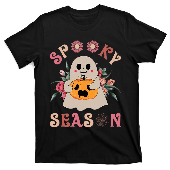 Groovy Vintage Floral Ghost Cute Halloween Spooky Season T-Shirt