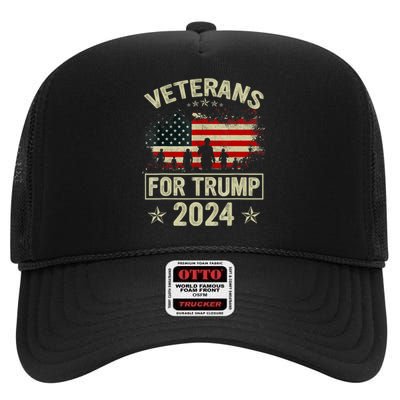 Grandpa Veterans For Trump 2024 American Flag 4th Of July High Crown Mesh Back Trucker Hat