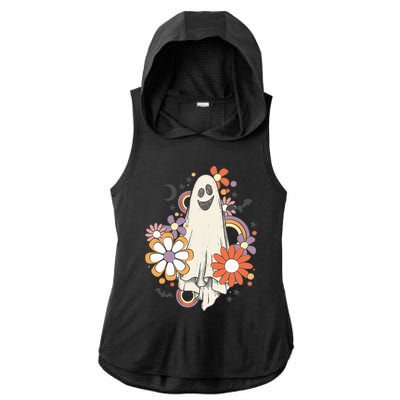 Groovy Vintage Floral Ghost Cute Halloween Spooky Season Ladies PosiCharge Tri-Blend Wicking Draft Hoodie Tank