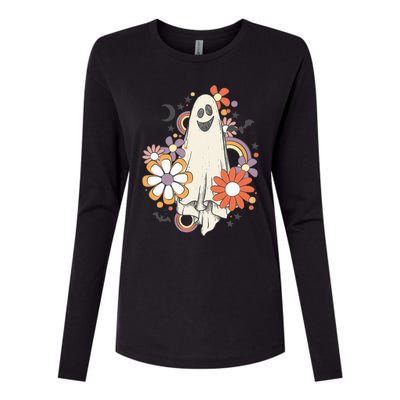 Groovy Vintage Floral Ghost Cute Halloween Spooky Season Womens Cotton Relaxed Long Sleeve T-Shirt