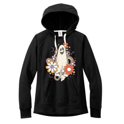 Groovy Vintage Floral Ghost Cute Halloween Spooky Season Women's Fleece Hoodie