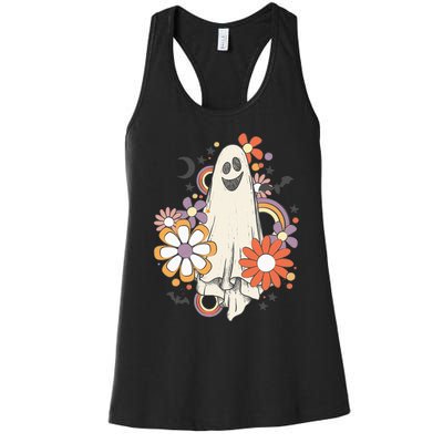 Groovy Vintage Floral Ghost Cute Halloween Spooky Season Women's Racerback Tank