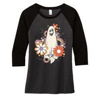 Groovy Vintage Floral Ghost Cute Halloween Spooky Season Women's Tri-Blend 3/4-Sleeve Raglan Shirt