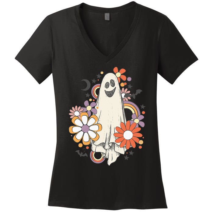 Groovy Vintage Floral Ghost Cute Halloween Spooky Season Women's V-Neck T-Shirt