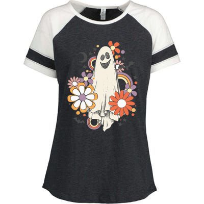 Groovy Vintage Floral Ghost Cute Halloween Spooky Season Enza Ladies Jersey Colorblock Tee