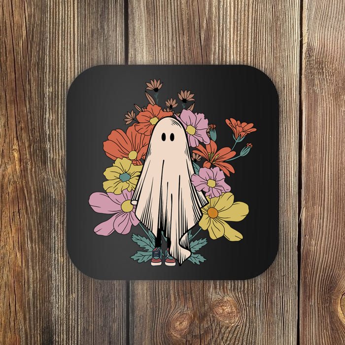 Groovy Vintage Floral Ghost Cute Halloween Spooky Season Coaster