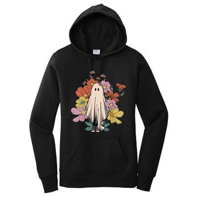 Groovy Vintage Floral Ghost Cute Halloween Spooky Season Women's Pullover Hoodie