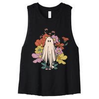 Groovy Vintage Floral Ghost Cute Halloween Spooky Season Women's Racerback Cropped Tank