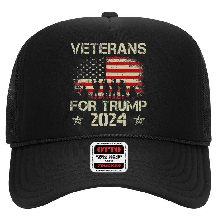 Grandpa Veterans For Trump 2024 American Flag High Crown Mesh Back Trucker Hat