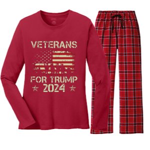 Grandpa Veterans For Trump 2024 American Flag 4th Of July Women's Long Sleeve Flannel Pajama Set 