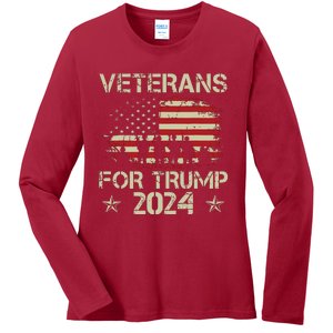 Grandpa Veterans For Trump 2024 American Flag 4th Of July Ladies Long Sleeve Shirt