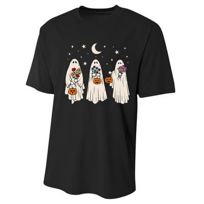 Groovy Vintage Floral Ghost Cute Halloween Spooky Season Performance Sprint T-Shirt