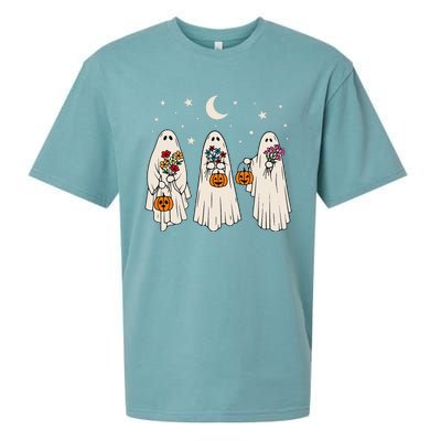 Groovy Vintage Floral Ghost Cute Halloween Spooky Season Sueded Cloud Jersey T-Shirt