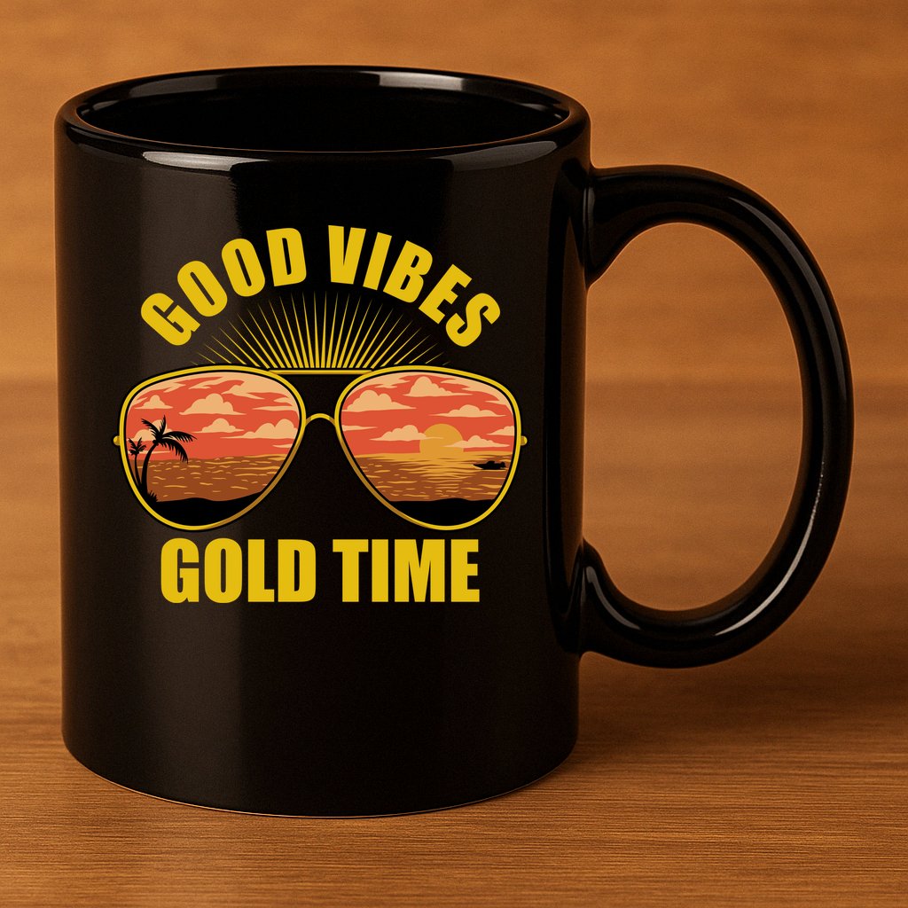 Good Vibes Gold Time Tropical Beach 11oz C Handle Ceramic Mug