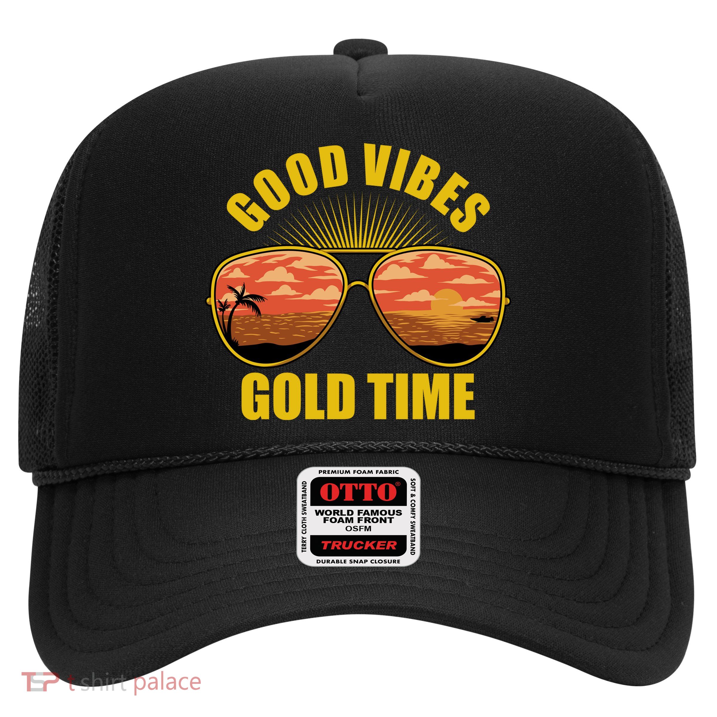 Good Vibes Gold Time Tropical Beach Trucker Hat