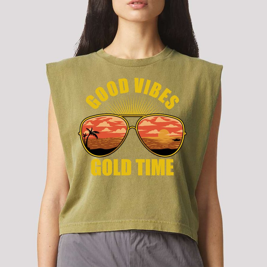Good Vibes Gold Time Tropical Beach Garment-Dyed Women's Muscle Tee