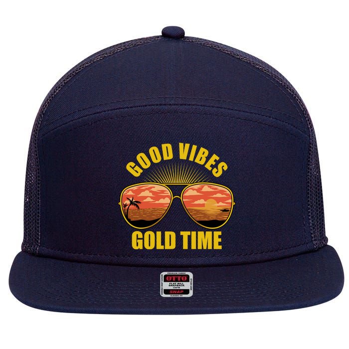 Good Vibes Gold Time Tropical Beach 7 Panel Mesh Trucker Snapback Hat