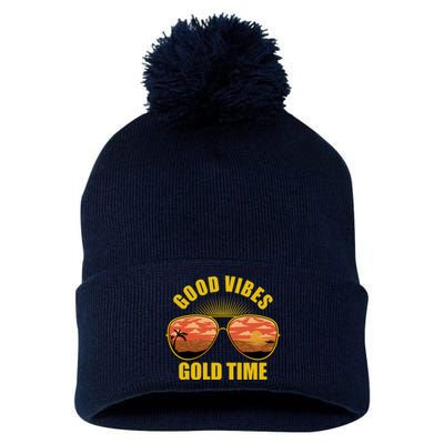 Good Vibes Gold Time Tropical Beach Pom Pom 12in Knit Beanie