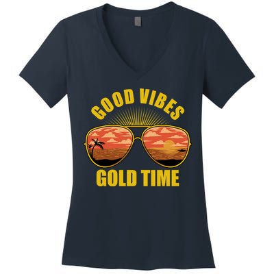 Good Vibes Gold Time Tropical Beach Women's V-Neck T-Shirt