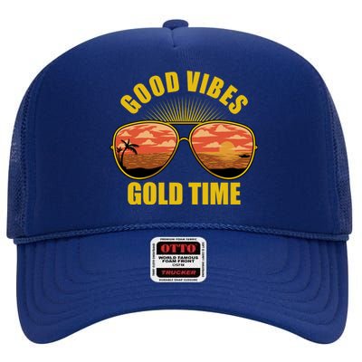 Good Vibes Gold Time Tropical Beach High Crown Mesh Back Trucker Hat