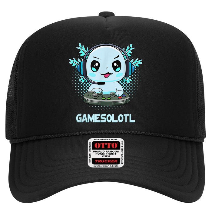 Gamesolotl Video Gamer Axolotl Fish Playing Gamer Anime Boys High Crown Mesh Back Trucker Hat