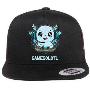 Gamesolotl Video Gamer Axolotl Fish Playing Gamer Anime Boys Flat Bill Trucker Hat