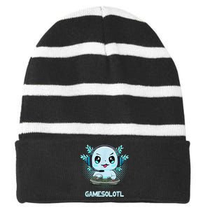 Gamesolotl Video Gamer Axolotl Fish Playing Gamer Anime Boys Striped Beanie with Solid Band