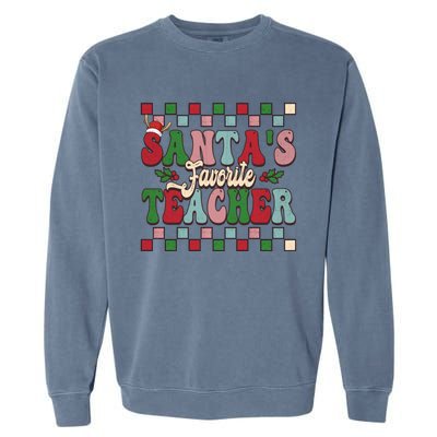 Groovy Vinatge Merry Christmas SantaS Favorite Teacher Gift Garment-Dyed Sweatshirt