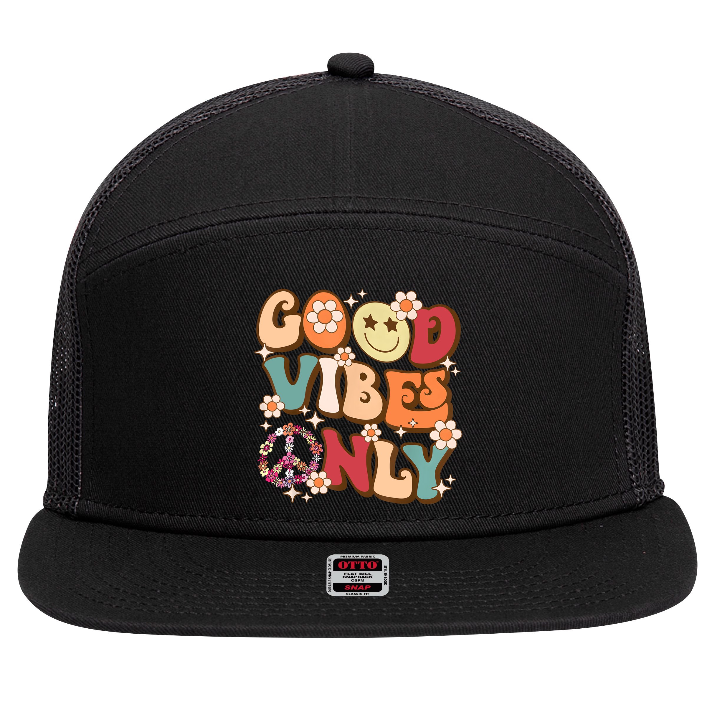 Good Vibes Only Peace Love 60s 70s Tie Dye With Retro Groovy 7 Panel Mesh Trucker Snapback Hat