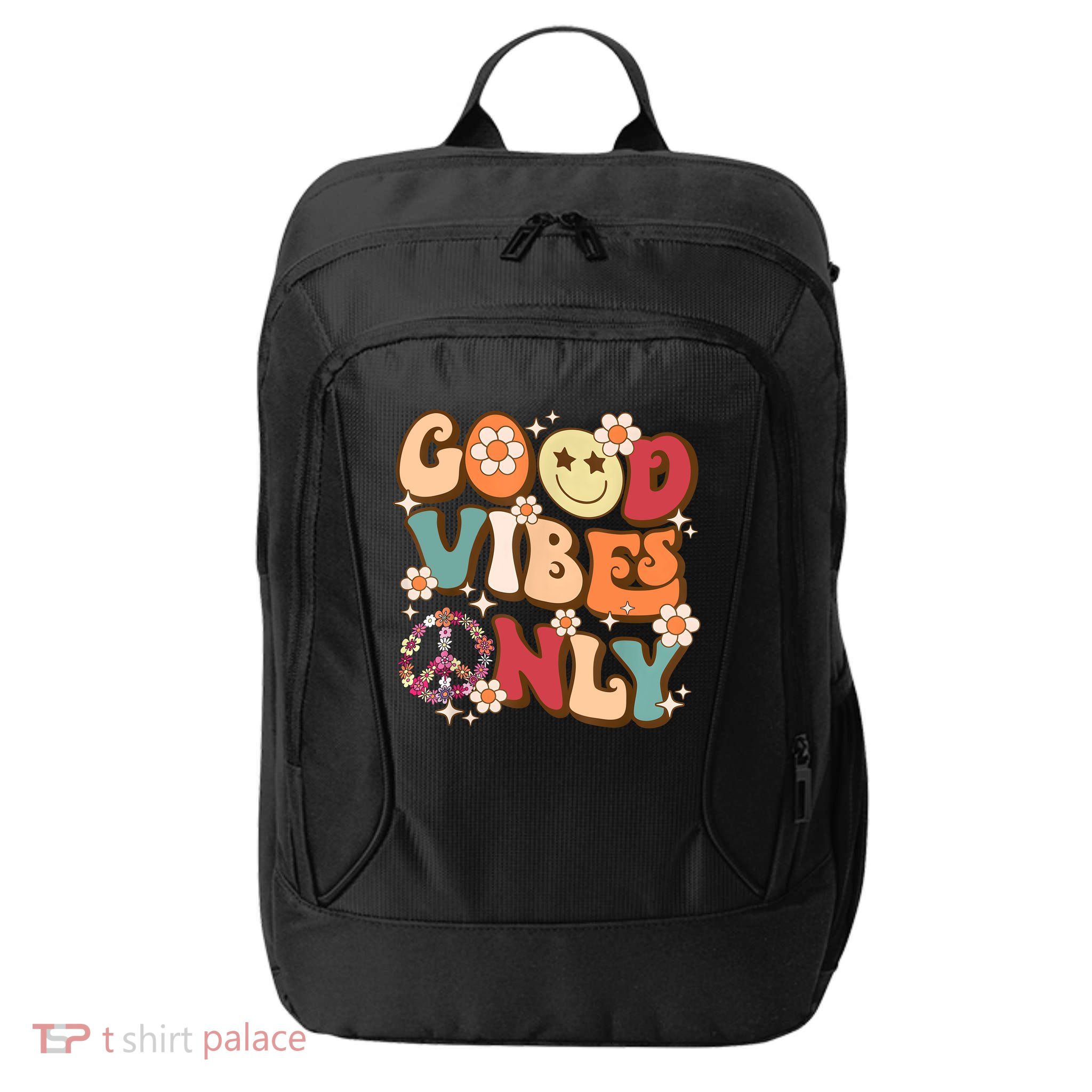 Good Vibes Only Peace Love 60s 70s Tie Dye With Retro Groovy City Backpack