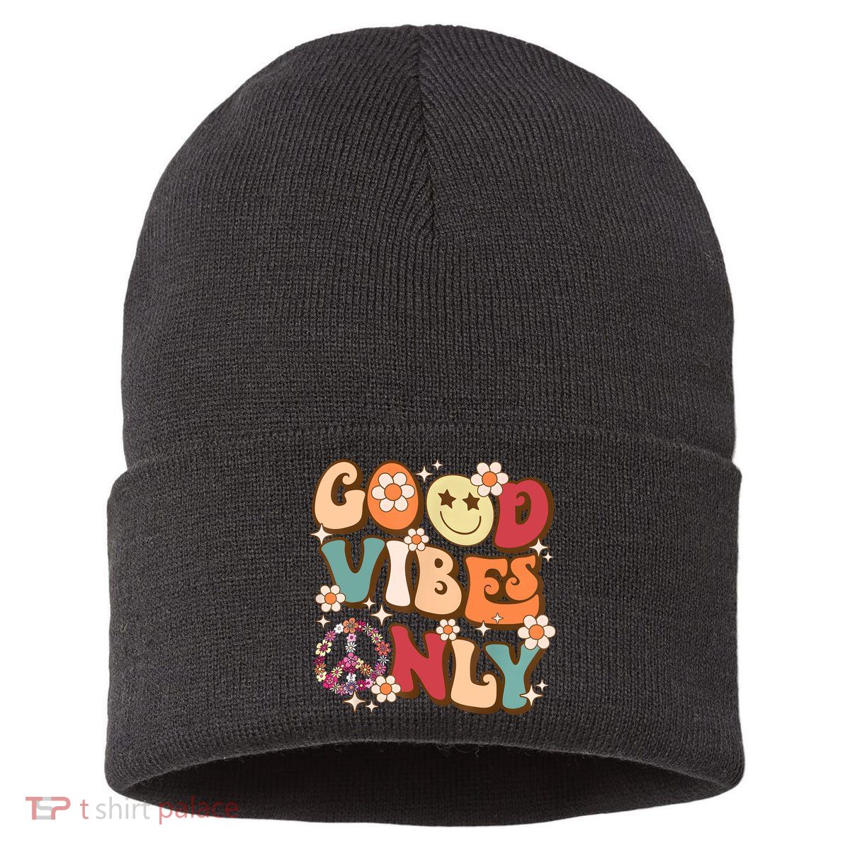 Good Vibes Only Peace Love 60s 70s Tie Dye With Retro Groovy Sustainable Knit Beanie