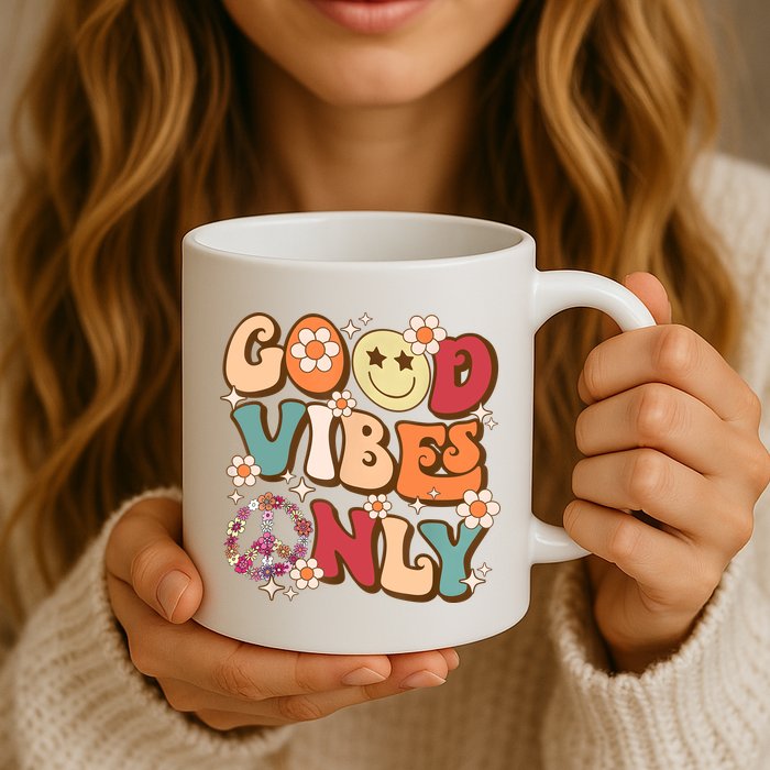 Good Vibes Only Peace Love 60s 70s Tie Dye With Retro Groovy Mug