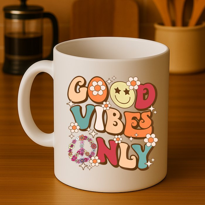 Good Vibes Only Peace Love 60s 70s Tie Dye With Retro Groovy Mug
