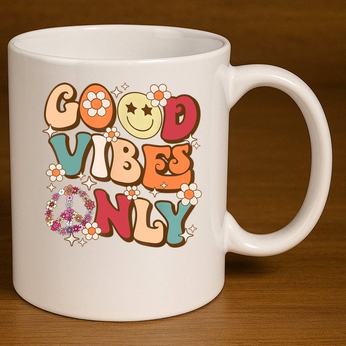 Good Vibes Only Peace Love 60s 70s Tie Dye With Retro Groovy 11oz C Handle Ceramic Mug