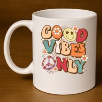 Good Vibes Only Peace Love 60s 70s Tie Dye With Retro Groovy 11oz C Handle Ceramic Mug