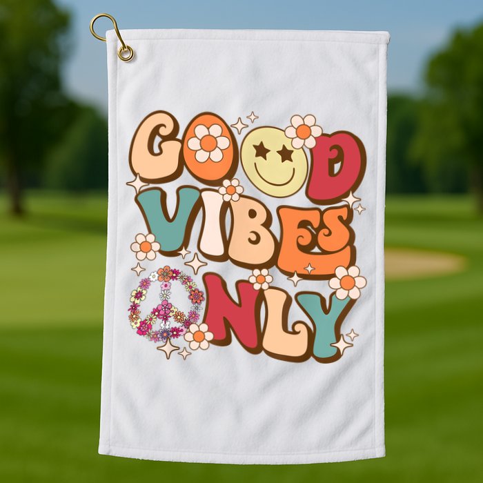 Good Vibes Only Peace Love 60s 70s Tie Dye With Retro Groovy Golf Towel