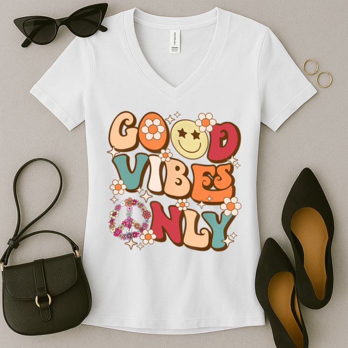 Good Vibes Only Peace Love 60s 70s Tie Dye With Retro Groovy Women's V-Neck T-Shirt